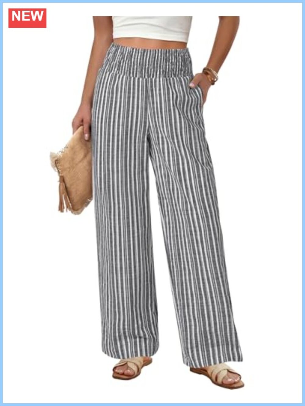 Linen Blend Wide Leg High Rise Palazzo Pants with Pockets